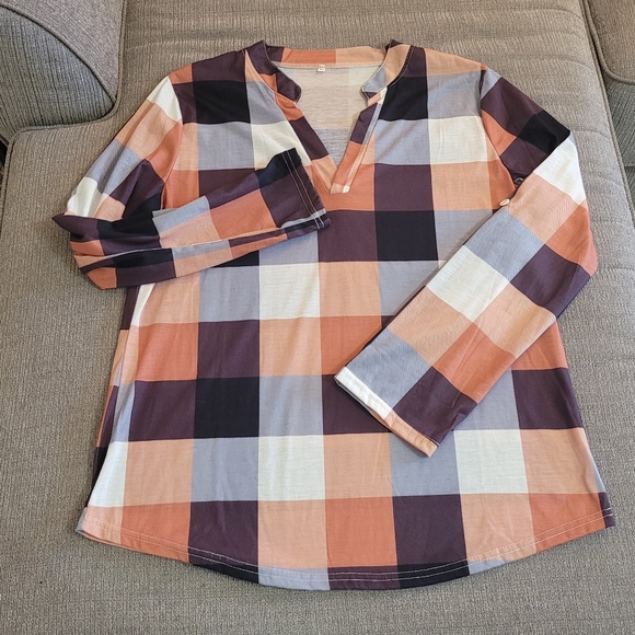 Source Unknown Tops - Checkered MultiColor Longsleeve Top Blouse Size XL Neutral Tones